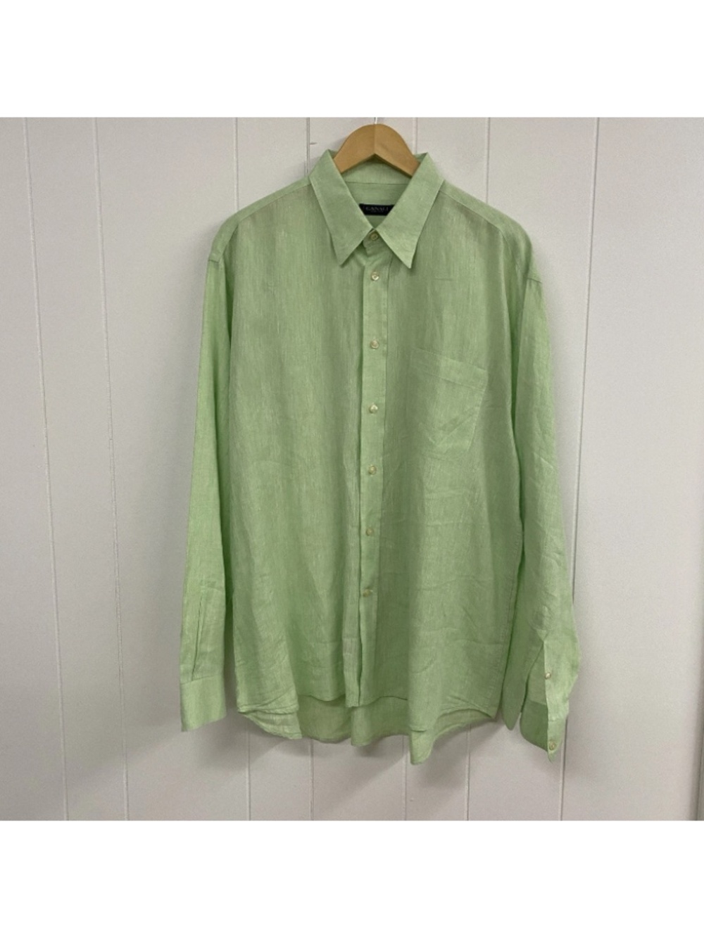 Canali Shirt XL Green 100% Linen Button Up Luxury Coastal Preppy L/S Italy